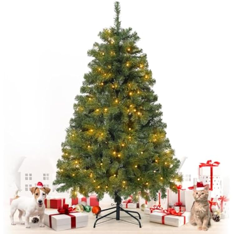 Fencer Wire 4.5 Feet Premium Full Artificial Pre-lit Christmas Tree w 398 Branch Tips Pre-Hinged & Foldable Stand, Holiday Fake Xmas Tree w 200 LED Lights for Indoor, Office, Party Decoration