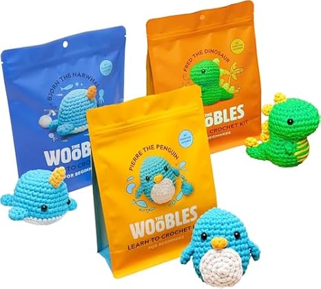 The Woobles Beginners Crochet Kit with Easy Peasy Yarn as seen on Shark Tank Bundle - with Step-by-Step Video Tutorials - Pierre The Penguin and Bjorn The Narwhal and Fred The Dinosaur