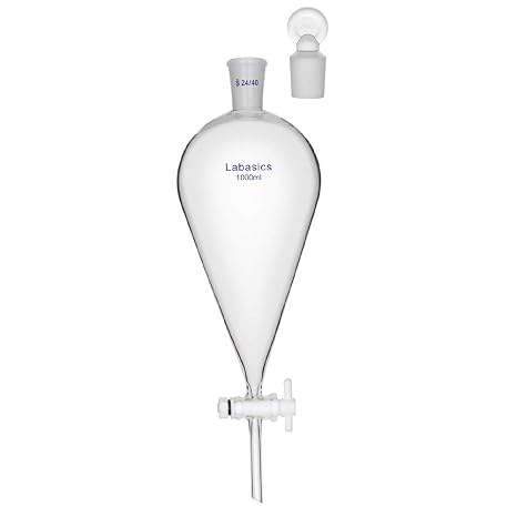 Borosilicate Glass 1000ml Conical Separatory Funnel with PTFE Stopcock, 1000mL
