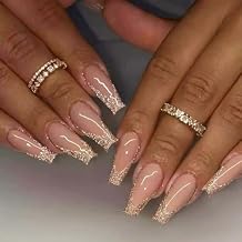 Coffin Press On Nails Medium Fake Nails French Tip False Nails With Glitter Design Nude Full Cover Artificial Glossy Glue On Nail Acrylic Stick On Nail For Women 24pcs