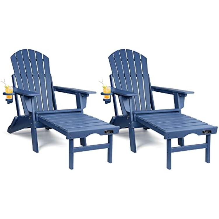 FUNBERRY Adjustable Folding Adirondack Chairs Set of 2 with Retractable Ottoman, All Weather Fire Pit Chairs with Cup Holder