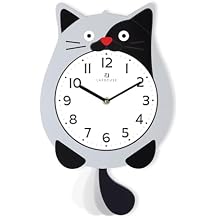 Lafocuse Cat Wall Clock with Swinging Tail, Gray Cat Clocks Analog for Kids Bedroom, Cute Animal Clock Battery Operatedfor Living Room Home Decor