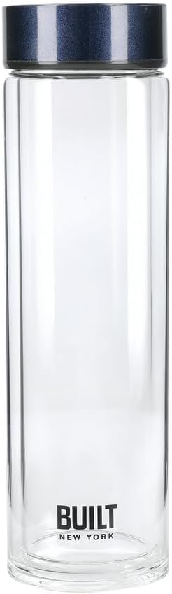 Built Tiempo Insulated Glass Water Bottle, BPA Free Borosilicate Glass/Stainless Steel Flask, Midnight Blue, 450ml