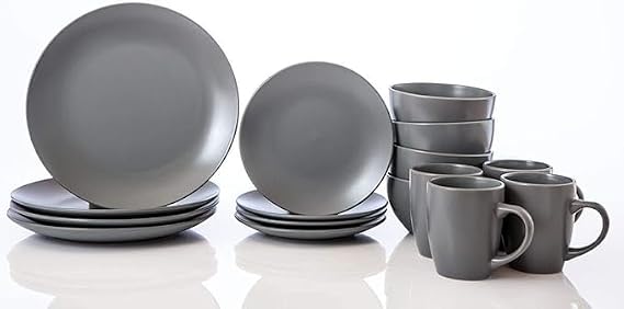 wocaxc16-Pieces Stoneware Dinnerware Set, Kitchen Dinnerware Ceramic Crockery Set, Dinner Service Set for 4, Include Dinner Plate, Dessert Plate, Cereal Bowl and Mug. (grey)