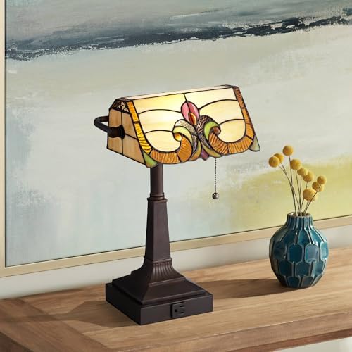 Robert Louis Tiffany Fleura Traditional Tiffany Style Piano Banker Desk Table Lamp 17 High with AC Power Outlet Bronze Floral Art Glass Shade Cottage Core Decor for Bedroom House Bedside Nightstand