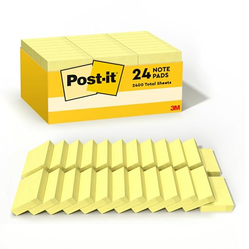 Post-it Notes, 138 x 1 78 in, 24 Sticky Notes Pads, 100 Sheets per Pad, Canary Yellow, The Original Post-it Note, New Year Organization or Second Semester School Supplies