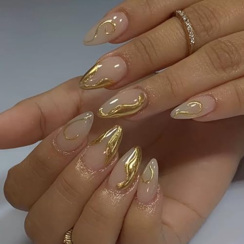 Short Press on Nails Almond Fake Nails Nude False Nails with 3D Gold Line Design Glue on Nails Glossy Full Cover Stick on Nails Elegant Acrylic Nails for Women Manicure 24Pcs