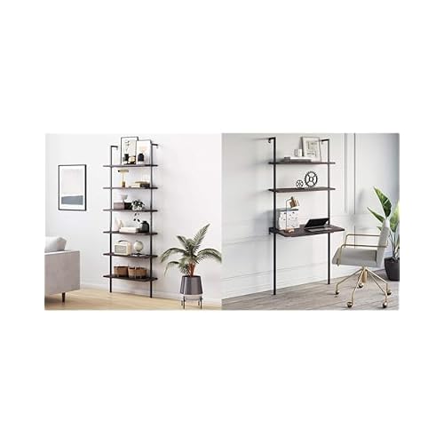 Nathan James Theo 6-Shelf Tall Bookcase, Wall Mount Bookshelf with Natural Wood Finish & Theo 2-Shelf Industrial Wall Mount Ladder Table, Small Computer or Writing Desk, Nutmeg/Matte Black