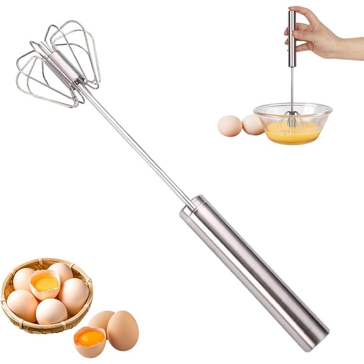 Stainless Steel Semi-Automatic Whisk, 2024 Upgraded Hand Push Mixer Stirrer Tool Manual Egg Shaker, Rotating Automatic Eggbeater for Cooking Kitchen Home Egg MilkSilver,10in