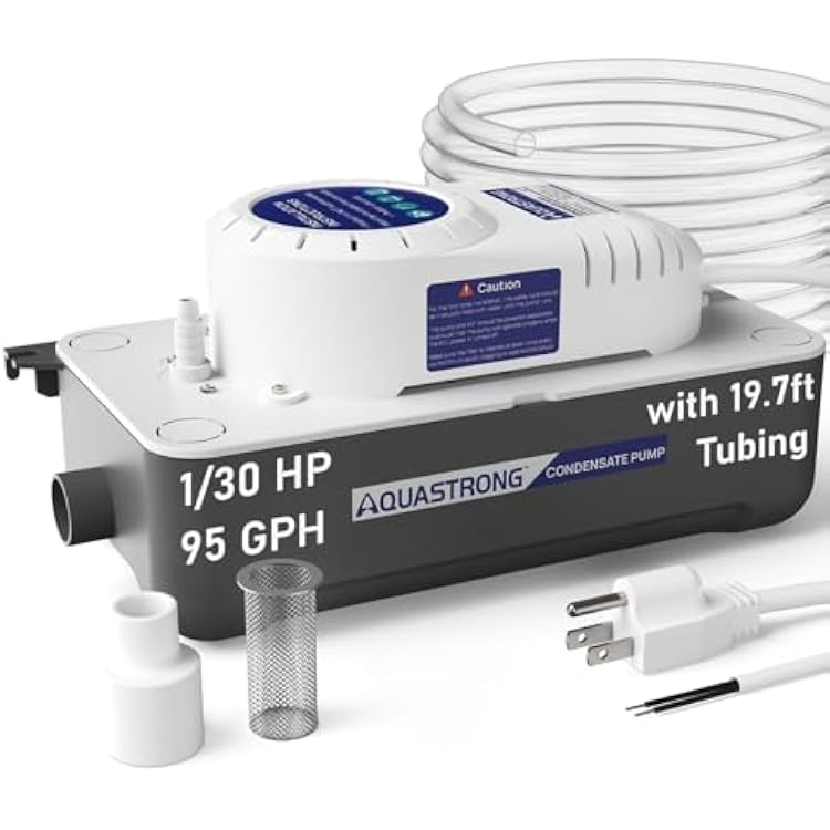 Aquastrong Automatic Condensate Pump for Hvac, 115V Condensation Pump with Safety Switch, Ac Condensate for dehumidifier, Air Conditioner, Ice Maker, 3.3 Power Cord, 95 GPH with 19.7ft Tubing
