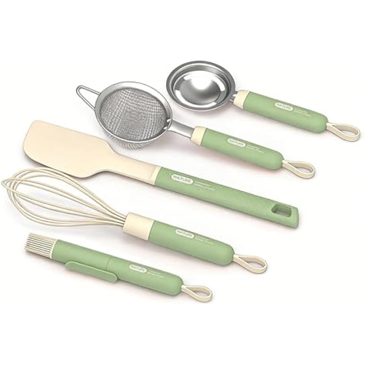 Baking Utensil Set Include Food Grade Silicone Scraper, Oil Brush, Net, Egg Sieve, Whisk, Set of 5, Household High-Temperature Resistant Non Stick Baking Tool Set Green