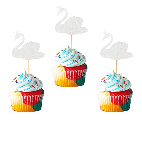 24pcs Swan Cupcake Toppers with Crown Silver Glitter Cupcake Picks Dessert Table Baby Shower Kids Birthday Party Supplies Cake Decoration