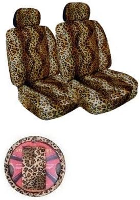 7 Piece Leopard Print Auto Interior Gift Set - Universal Fit Truck & SUV Seat Covers with Steering Wheel & Shoulder Harness Covers