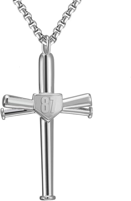 RWQIAN Cross Number Necklace for men - Sport Stainless Steel Cross Silver Chain for Men/Women, Baseball Bat Cross Pendant Chain Baseball Fans Jewelry Gift