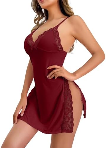 Lilosy Sexy High Split Side Trim Floral Lace Dress Lingerie Nightgown Babydoll Set 2 Piece