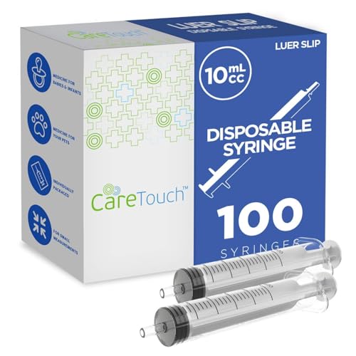 Care Touch 10ml Syringe with Luer Slip Tip - 100 Sterile Syringes No Needle Great for Dispensing Oral Medicine and Home Care