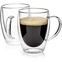 Espresso Cups Set Of 2, Double Walled Glass Coffee Mugs with Handle,Insulated Layer Coffee Cups,Clear Borosilicate Glass Mugs,Perfect for Cappuccino,Tea,Latte,Espresso (12oz-2Pack)