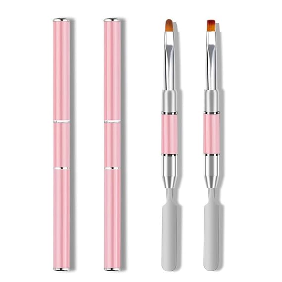 Metallic Nail Brushes, 2Pcs Nail Art Brushes, Dual-Ended Polygel Brush & Picker tool, Magic Extender Gel Tool for UV/LED Nail Art, Acrylic Nails Extension, Extensions Builder, Pink