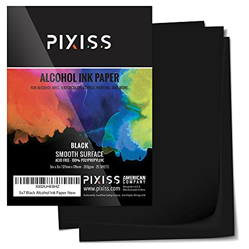 Pixiss Black Alcohol Ink Paper - 25 Sheets Heavy Weight Art Paper for Alcohol Ink & Watercolor - Extra Smooth Synthetic A4 5x7 Inches, 300gsm