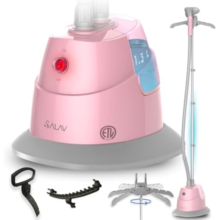 SALAV Standing Steamer with Garment Hanger, 1.3L Water Tank for 1 Hour Continuous Steaming, Heats in 45 Seconds, Double-Insulated Steam Hose Blush, Garment Steamer