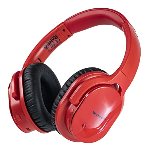 wotdehi Active Noise Cancelling Headphones, Deep Bass Wireless Headphone, Noise Reduction Headsets with Voice Assistant, Memory Protein Earpads 40 Hours Playtime for TravelHomeOffice-Red