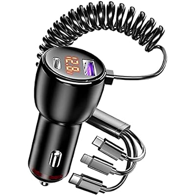 Phmnkl Super Fast Car Charger Type C, 66W65W20W QC3.0&PD3.0 5 Port Built-in 4FT Cable USB C Car Charger Fast Charging for iPhone 141312GooglePixelMotorolaLG Android Phones