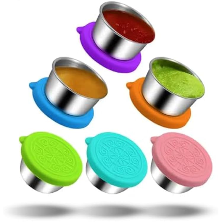 Pack of 6 Salad Dressing Container To Go: Small Condiment Containers with Lids, Reusable Stainless Steel Sauce Cups, Leakproof Silicone Lids for Bento Box, Picnic and Travel Multi Color - 2.36oz