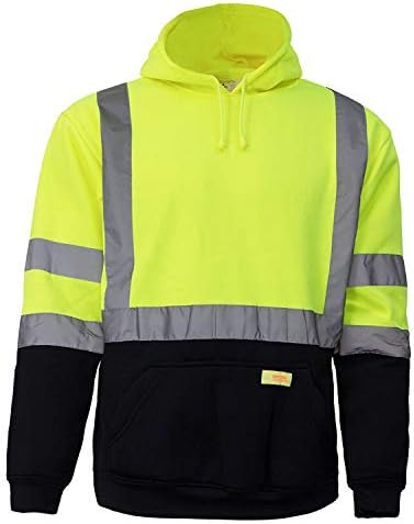 H8312 Mens ANSI Class 3 High Visibility Class 3 Sweatshirt, Hooded Pullover, Knit Lining, Black Bottom Lime, Set of 2XL