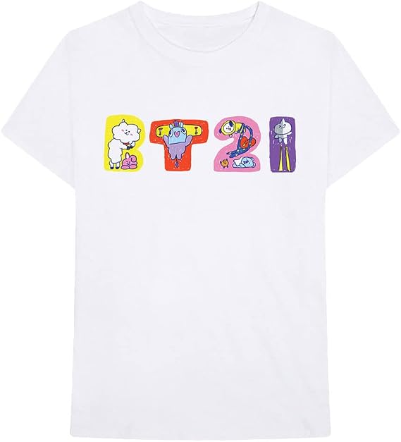 BT21 BTS Kpop Unisex Cotton Crew Neck Short Sleeves Tee Shirt (Doodle Letters White, Large)