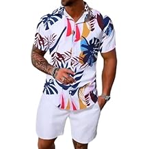 Yimoon Men's Summer 2 Piece Outfits Tropical Print Short Sleeve Button Down Hawaiian Beach Shirt and Shorts Set