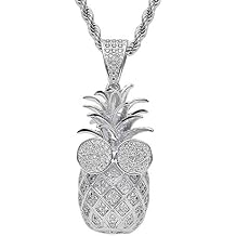 18K Gold/White Gold Plated 3D Pineapple Pendant Cubic Zircon Necklace with 24inch Rope Chain (Silver)