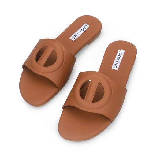 Womens Sandals Dressy Summer Flat Sandals 2025 Open Toe Slippers Slip On Slides with Semicircle Cutouts