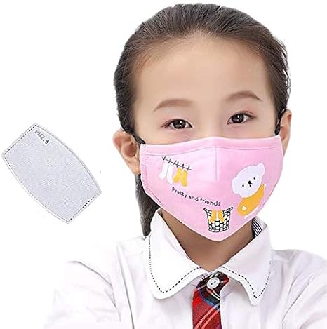 Kids Face Mask Mouth Cover with 5 Layers Dust Activated Carbon Filter - Washable and Reusable- Adjustable Size Protection Cotton Child Face Masks Age 3-12 (Pink Bears)