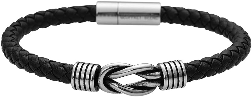 Geoffrey Beene Men's Braided Genuine Leather Knot Bracelet with Stainless Steel Closure