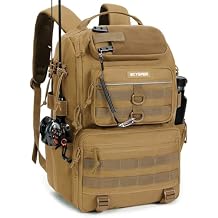 SKYSPER Tackle Backpack Fishing Bags with Rod Holder, 40L Water-Resistant Tackle Box Storage Bag for Fishing Gear Lures(Khaki)