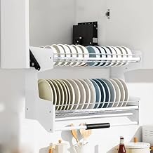 2-Tier Modern Stainless Steel Kitchen Cabinet Pull-Down Shelf, Space-Saving Drop-Down Design, Heavy-Duty Dishes Rack Organizer