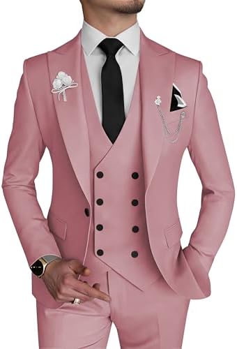 Wangyue Mens 3 Piece Slim Fit Suits Double Breasted Suit Men Formal Suit for Wedding Prom Dinner Party