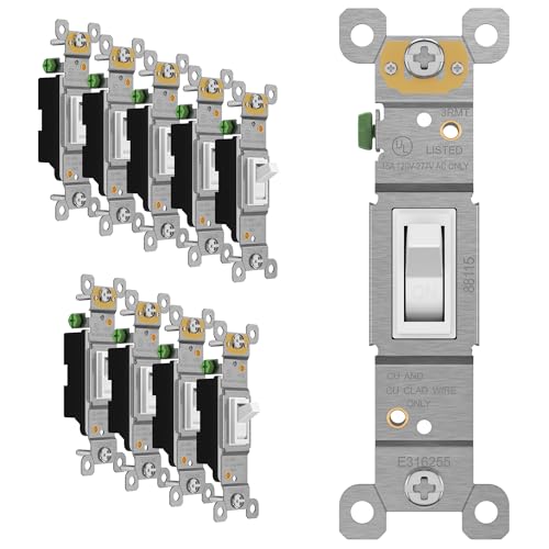 ENERLITES Toggle Light Switch, Single Pole, 15A 120-277V, Grounding Screw, Residential Grade, UL Listed, 88115-W-10PCS, White 10 Pack, 10 Count