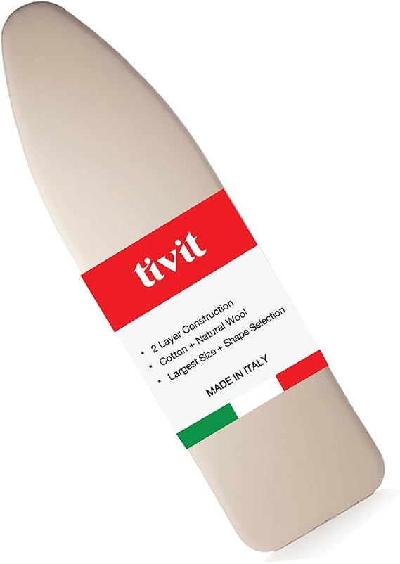 TIVIT Ironing Board Cover 14" x 44" Standard Chemical Free Eco-Friendly Padded Covers - Unbleached, Untreated Natural Cotton & Wool Pad - 2 Layer, 3 Fastener Straps, Pull Bungee Cord - Made in Italy