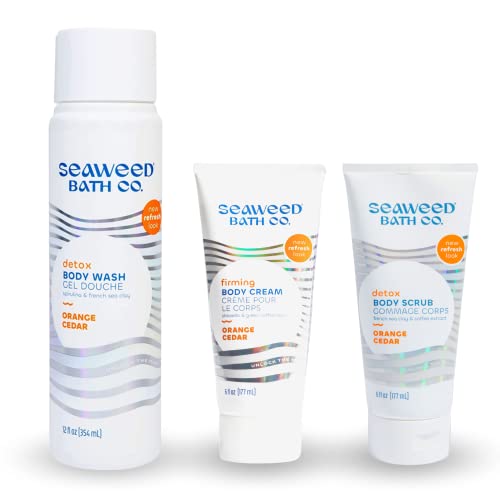 Seaweed Bath Co. Body Wash, Body Cream and Body Scrub Trio, 12 Ounce, 6 Ounce Pack of 2, Orange Cedar Scent, Sustainably Harvested Seaweed