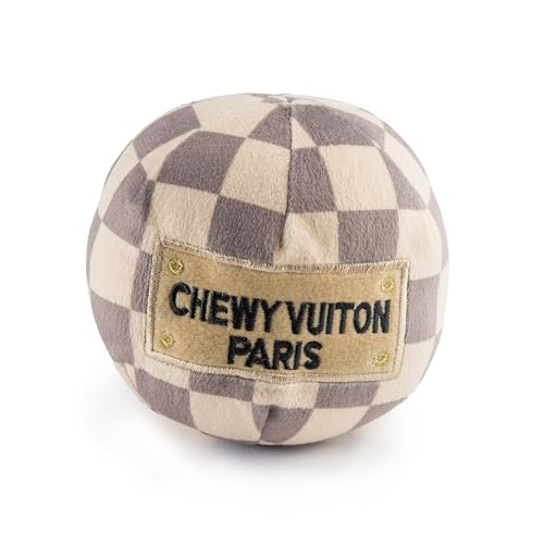 Haute Diggity Dog Chewy Vuiton Ball Plush Squeaky Dog Toy, Soft Durable Designer-Inspired Stuffed Puppy Chew Toys for Small & Medium Dogs, Machine-Washable Tan Checker Large