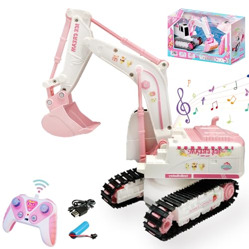 Pink RC Excavator, 6 Channel 2.4Ghz RC Construction Vehicle,1:24 Scale Pink Excavator Toy with 360 Rotation, Light Sound and DIY Stickers Birthday Gift for Teens Adults 1 Battery