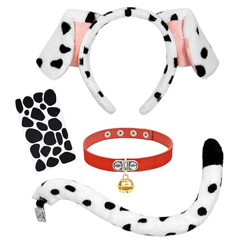 4PCS Dalmatian Dog Costume Set for Adult Kids, Puppy Ears and TailRed ChokerSpotted Sticker, Dalmatian Ears Headband Halloween Cosplay Party Accessories