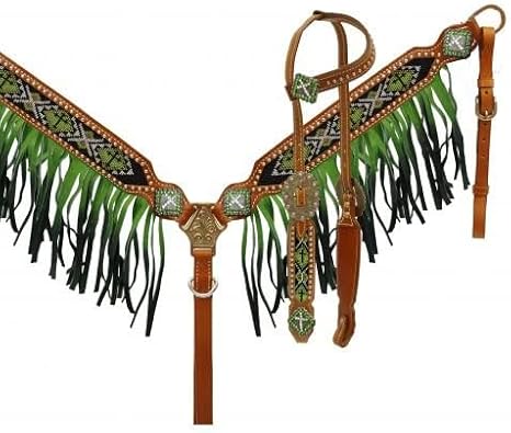 Showman Ombre Fringe Headstall and Breast Collar Set with Beaded Cross Inlay