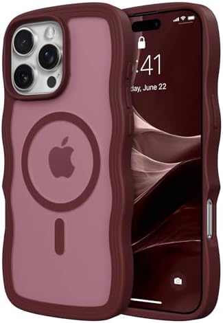 ZTOFERA for iPhone 16 Pro Max Phone Case Compatible with MagSafe, Curly Wave Frame & Matte Translucent Hard Back, Soft Silicone Bumper Shockproof Protective Magnetic Phone Cover-Wine Red