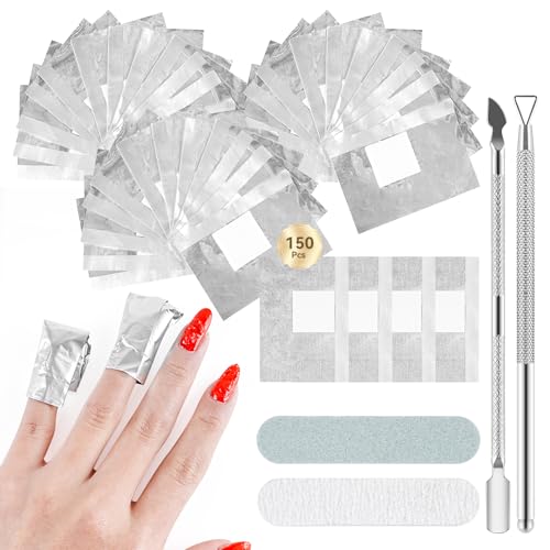 JODSONE Nail Gel Remover Foil Wraps Kit 150PCS, Soak Off Gel Polish Remover Foils with Built-in Cotton Pads, Includes 2 Nail Pushers & 2 Nail Strips for Home and Salon Use without Nail Polish Remover