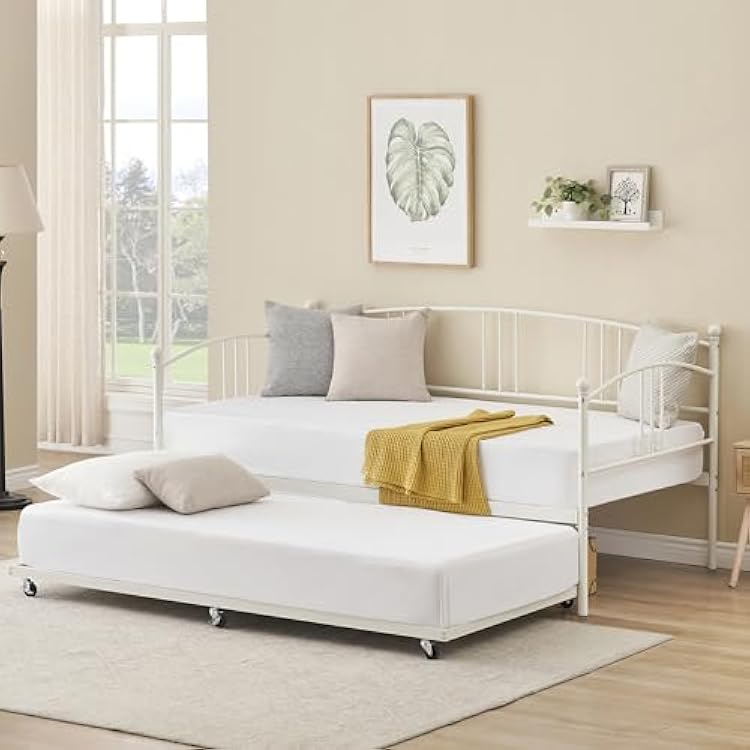 IDEALHOUSE Twin Daybed with Trundle, Metal Twin Size Daybed with Pullout Trundle 6 Casters, Steel Slat Support Sofa Bed for Living Room, Bedroom, Guest Room White