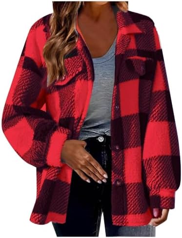 Womens Flannel Shirts Warm Plush Shacket Jackets Button Cardigan Trendy Plaid Fleece Fuzzy Winter Coats Outerwear