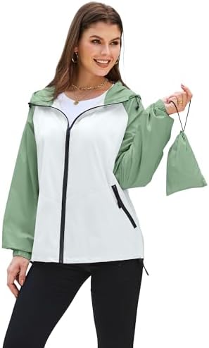 PITINAN Lightweight Rain Jacket Women Packable Wind Breaker Light Rain Jacket Women Waterproof Travel Raincoat S-XXL
