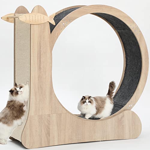 Cat Wheel,4-in-1 Cat Exercise Wheels for Indoor Cats,41.3H Large Quiet Treadmill Running Wheels for Indoor Cats,Cute cat Furniture with Scratcher,Natural Wood,Pet Toys